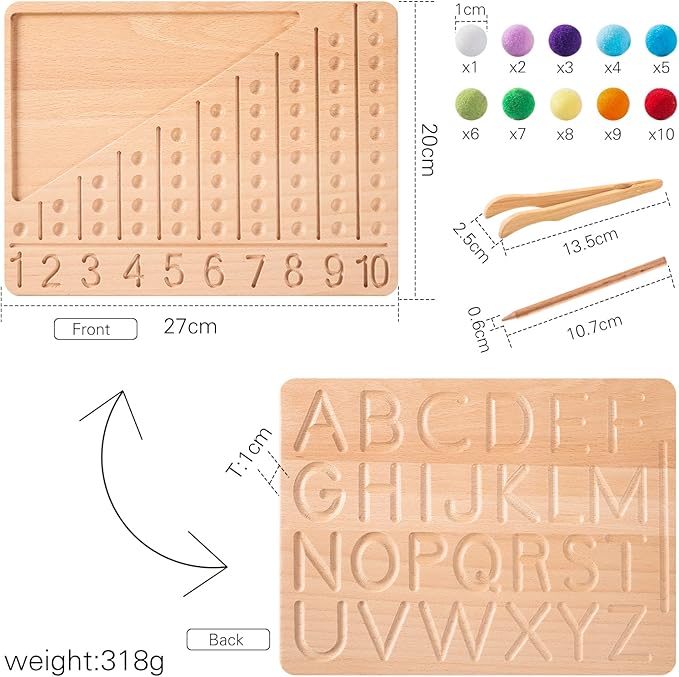 bopoobo Wooden Double-Sided Bead Board with Wooden Alphabet Tracing Board Montessori Color Sorting Toy Math Counting Game for Kids Letter Tracing for Kids Ages 3-5 - Learn to Write