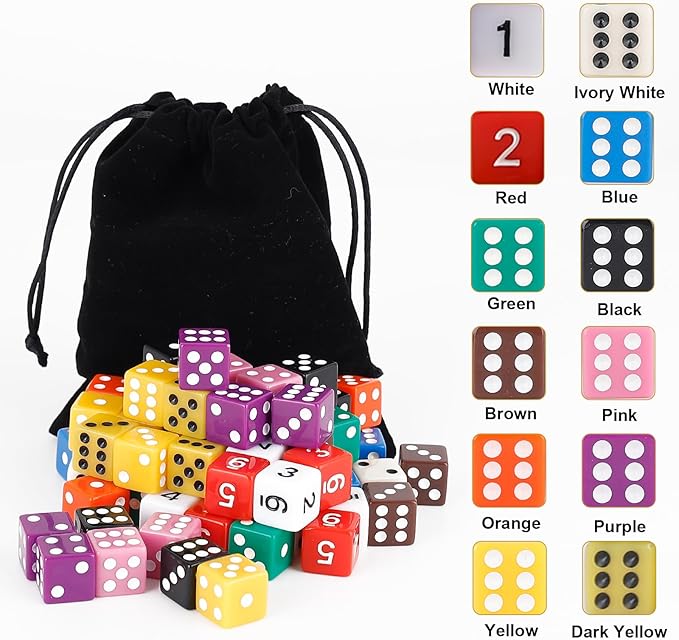 60 Pieces 16MM Colored Dice Set, 6 Sided Standard Opaque Colored Dices Portable Dice Box & Exquisite Dice Pouch, for Classroom Teaching, Board Games, Dices Game, Parties(12 Colors)