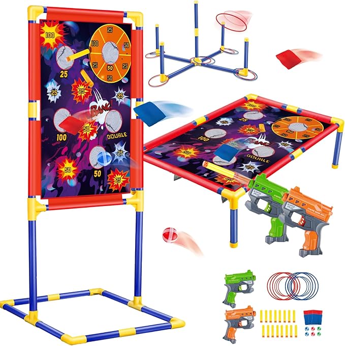 Bean Bag Toss & Shooting & Ring Toss Games Set for Kids – 3-in-1 Carnival Outdoor Cornhole Game Set with Shooting Blasters, Garden Indoor Outdoor Toys for Boys Girs Ages 5 6 7 8 9 10+ Gift
