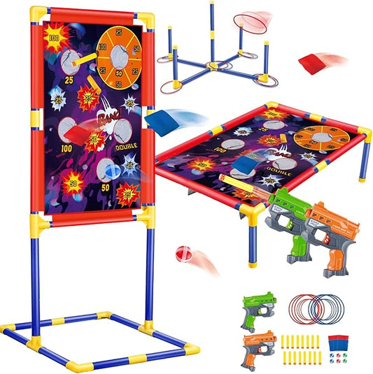 Bean Bag Toss & Shooting & Ring Toss Games Set for Kids – 3-in-1 Carnival Outdoor Cornhole Game Set with Shooting Blasters, Garden Indoor Outdoor Toys for Boys Girs Ages 5 6 7 8 9 10+ Gift
