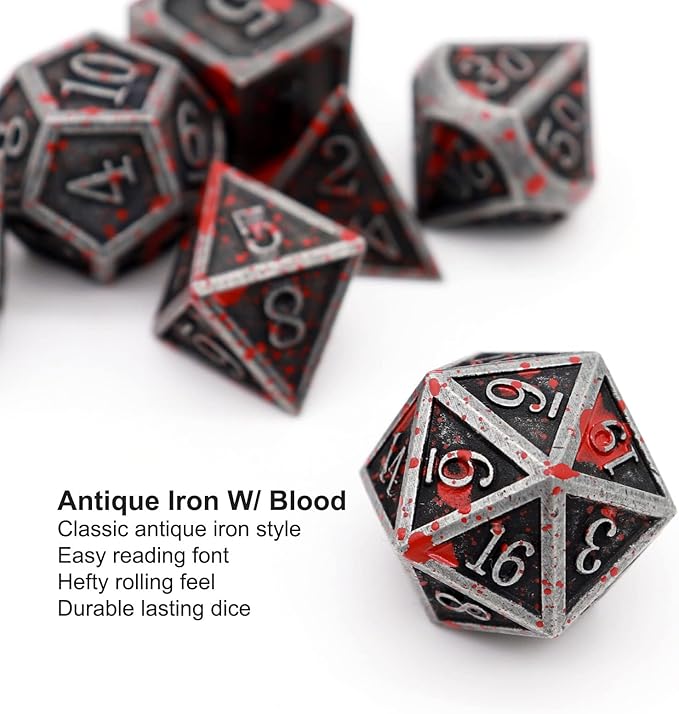 Haxtec Bloodstained Metal DND Dice Set Blood Polyhedral D&D Dice for Dungeons and Dragons Gift TTRPG Antique Metal Halloween Dice
