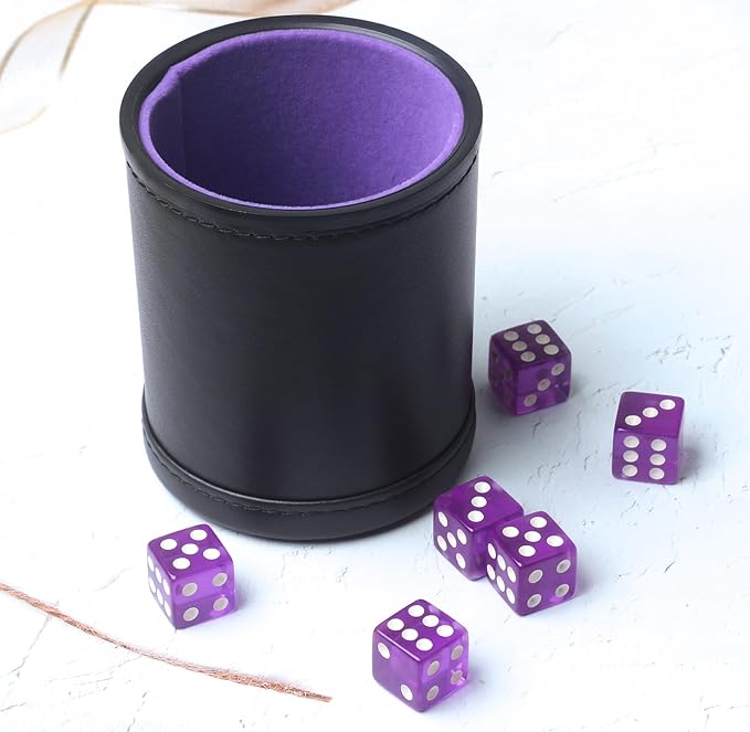 PU Leather Dice Cup Set, Purple Velvet Interior Dice Cup Shaker Quiet with 6 Purple Translucent Dice for Liars Dice/Farkle/Yahtzee Games, 1 Pack