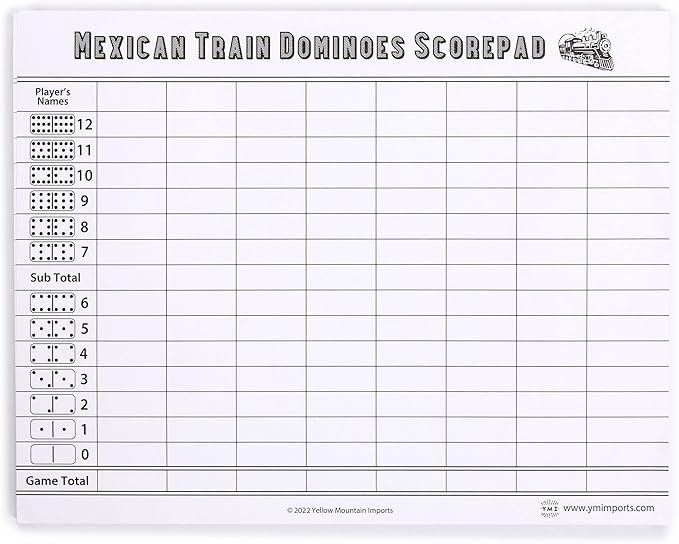 Yellow Mountain Imports Mexican Train Complete Set with Double 12 Dominoes (Pips/Dots), Wooden Hub, Die Cast Train Markers, and Scorepad