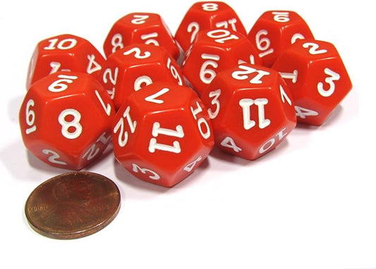 Set of 10 D12 12-Sided 18mm Opaque RPG Dice - Red with White Numbers by Koplow Games