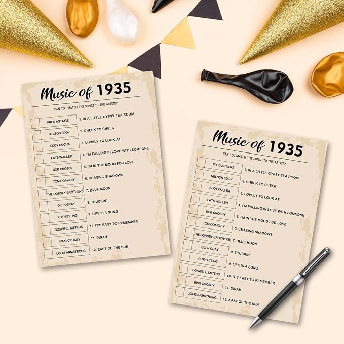 QUPT 90th Birthday Party Games, Music of 1935 Games, Birthday Party Supplies for Adults, Fun 1935s Party Game，Pack of 30 Cards
