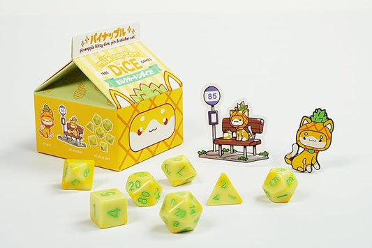 1985 Games Pineapple Kawaii Cat Dice Set – Milk Carton-Inspired Dice for DND | TTRPGs & Tabletop Roleplaying