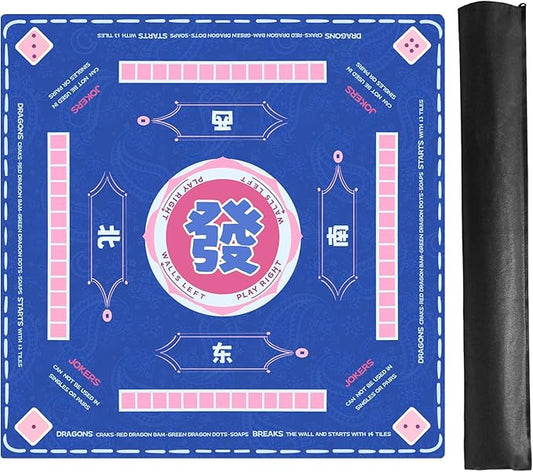 Blue Mahjong Learning Mat (33” x 33”) with Black Carrying Bag, Anti-Slip, Noise-Reducing Table Mat for Mahjong, Board Games, Tile Games and Card Games