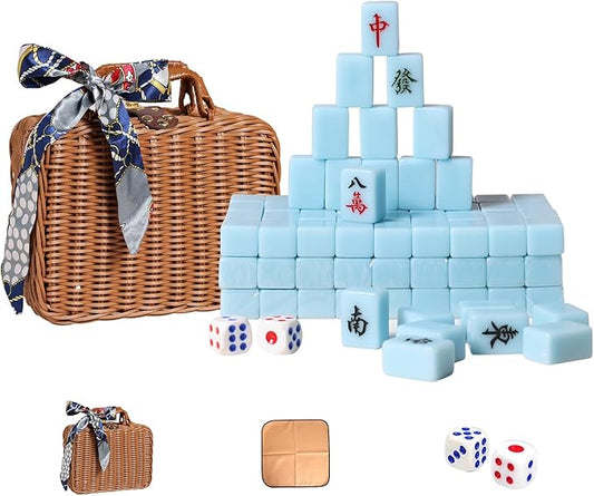 VPH Travel Chinese Mahjong Set Ivory 144 Sheets with Rattan Box and Tablecloth (Light Blue)