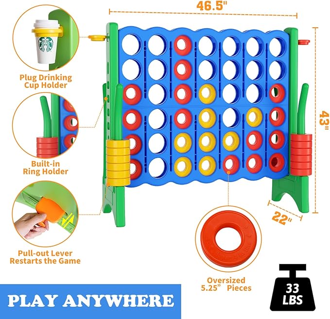 Oversized 4 in a Row Connect Game+Waterproof Carry Bag,Included-4 ft X 3.5 ft Tall,4-to-Score Jumbo with 42 Pieces Rings&Drink Holder,48” Super Size-Indoor&Outdoor Giant 4 Game for Kids&Adults