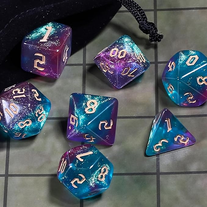CiaraQ DND Polyhedral Dice Set for Dungeons and Dragons RPG MTG Role Playing Table Games-with 1 Dice Pouch (Blue + Purple + Glitter)