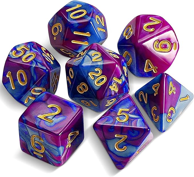 7pcs/Set D4 D6 D8 D10 D12 D20 Dichromatic Polyhedral Dices for Beginner Role Playing Game D&D Dice Set Party Table Board Game Supplies，with A Silver Pouch(BluePurple)