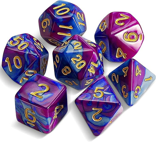 7pcs/Set D4 D6 D8 D10 D12 D20 Dichromatic Polyhedral Dices for Beginner Role Playing Game D&D Dice Set Party Table Board Game Supplies，with A Silver Pouch(BluePurple)