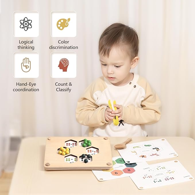 Youuys Wooden Peg Board Beads Game for Toddlers Rainbow Stacking Clip Bead Puzzle Matching Counting Color Sorting Montessori Toys Fine Motor Math Skill Educational Toys for Boys Girls