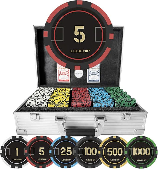Poker Set with Numbered Chips 1000-pcs for Card Board Game, 11.5g Weight with Playing Cards for Texas Hold'em, Blackjack Gambling, Late Night Poker Games