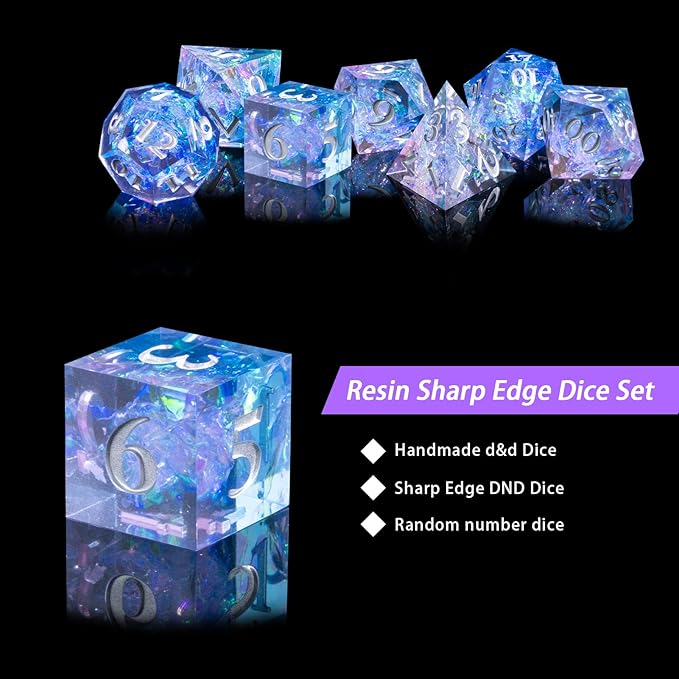 DND Dice Set Resin Sharp Edge Dice Set Handmade 7pcs Polyhedral Dice Set DND RPG MTG Role Playing Game Dice Set D&D Dice with Gift Case for DND Dungeons and Dragon (Violet)