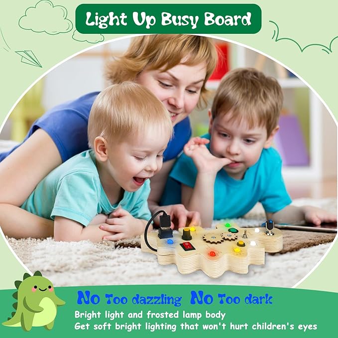 Toddler Busy Board, Montessori Toys for 1-3 Year Old, Wooden Busy Board with LED Light, Dinosaur Sensory Toys for Age 1-3, Boy & Girl Gift