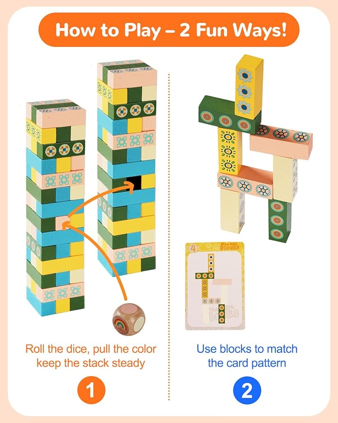 Wooden Tumble Tower Stacking Game for Kids & Adults – Fast-Paced Fun Family Night Puzzle Board Game, Match Challenge with Building Blocks for Party or Classroom Games