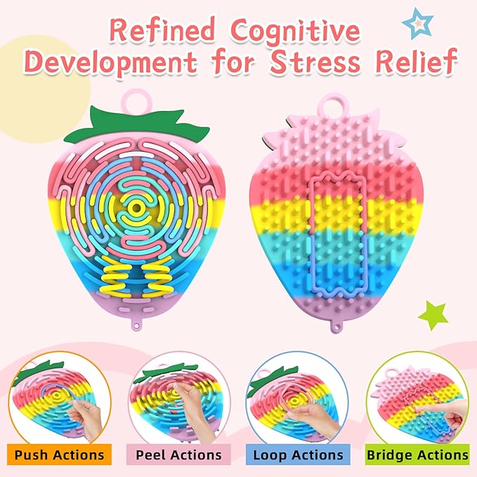 Silicone Sensory Activity Board,Double-Sided Busy Board for Fine Motor Skill,Fidget Toy for Calming, Stress, Anxiety, ADHD , Autism , Silent, No Mess , Kids 3+ & Adults(Strawberry,Colorful)
