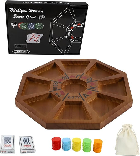 Michigan Rummy Game Deluxe Set Perfect Blend of A Royal Game of Hearts Rummy Poker Wooden Tripoley Board Game Betting Bluffing Game Classical Family Card Game for 100 Chips（Walnut）