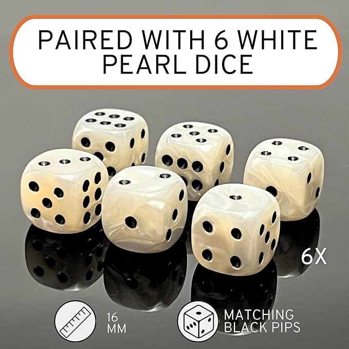 Luck Lab Brown Leather Dice Cup with Lid Including 6 Matching Pearl Dice - Tan Velvet Interior for Quiet Shaking - Use for Liars Dice Farkle Yahtzee Board Games