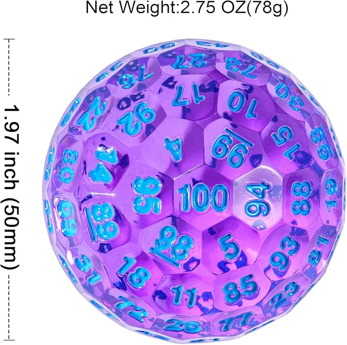 Upgraded D100 Die - 100 Sided Polyhedral Dice 50mm for D&D Games - Single Cube With Metal Storage Tin (T Purple/Blue Font)