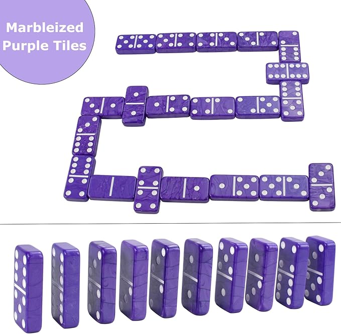 Dominos Set for Adults – Double 6 Dominos - Dominoes Set for Kids and Adults - 28 Marbleized Purple Jumbo Domino, Classic Board Game for Family Nights & Travel (Purple Case)