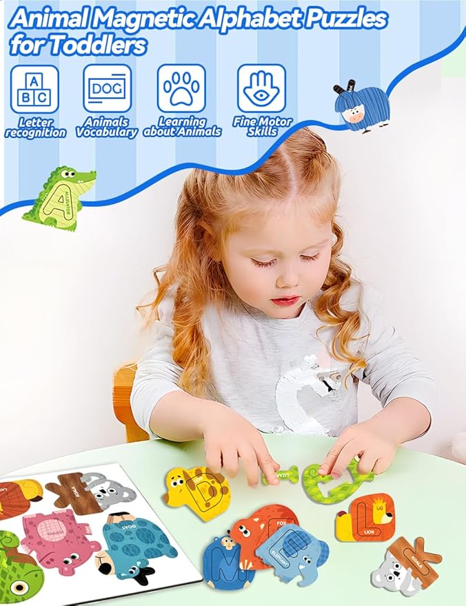 Large Size! Animals Fridge Magnets Alphabet Letters for Toddlers 1-3, 52PCS, ABC Magnets Toys, Magnetic Puzzles and Letters for Associative Memory, Educational Toys for 3 4 5 6, Gift for Boys Girls