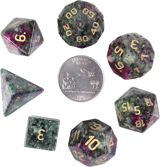 TUMBEELLUWA Engraved Crystal Stone Polyhedral Dice Set for RPG MTG Dungeons and Dragons Table Game 7 Pieces DND Board Game Dices with Pouch, Ruby in Fuchsite