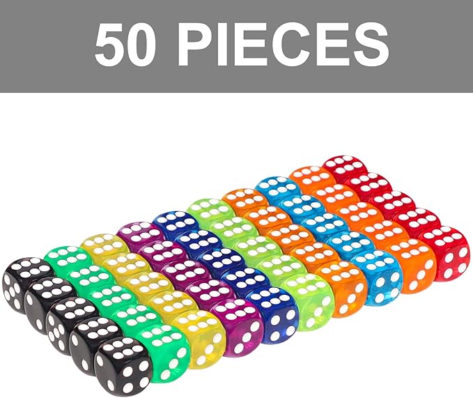 50 Pieces 16mm Colored Dice Set, Bulk Dice in 10 Translucent Colors with a Blue Drawstring Storage Bag, 6 Sided Dice for Board Games
