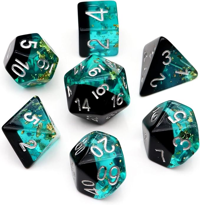 Haxtec DND Dice Set Blue Black Resin Dice Set Gold Foil Flakes D&D Polyhedral Dice for Roleplaying RPG Dungeons and Dragons
