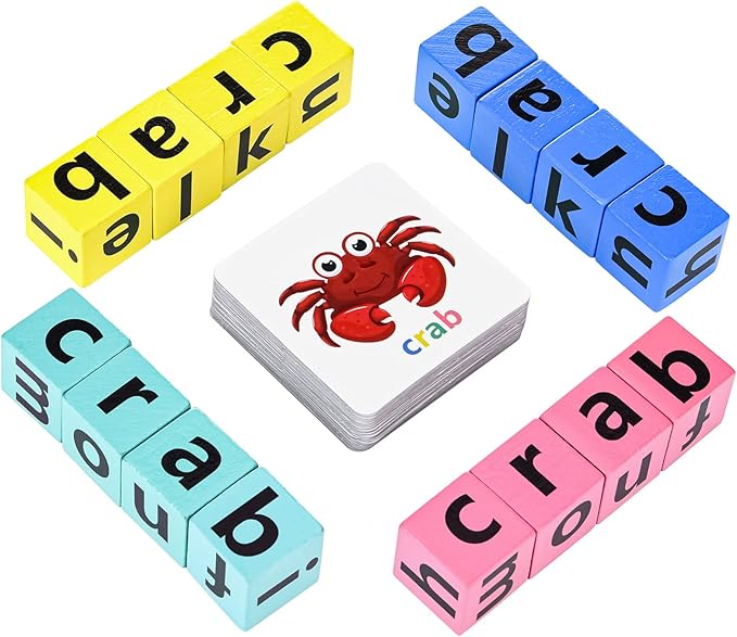 DragonflyDreams Wooden Blocks Spelling Puzzles, Matching Letter Game, Kids Learning Toys Ages