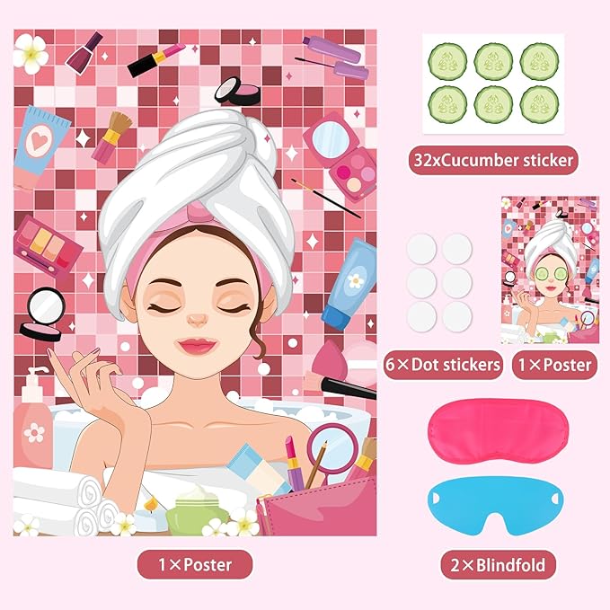 Hooqict Spa Party Games Pin The Cucumbers on The Girl Spa Birthday Party Supplies for Kids Girls Women, Large Sleepover Slumber Pin The Games Poster with 42 Cucumber Stickers
