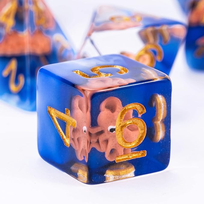 UDIXI 7PCS Resin DND Dice Set, Blue D&D Dice Set Filled with Octopus for RPG Dungeons and Dragons Role Palying Games and Other Tabletop Games, d and d,