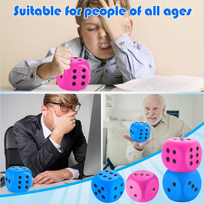 Zomiboo 2 Pcs Large Foam Dice Stress Balls Soft Jumbo 6 Sided Giant Dice Educational Learning Squeeze Anxiety Relieve Toy Gifts for Adults Kids Board Game Classroom(Pink, Blue,3.93 Inch)