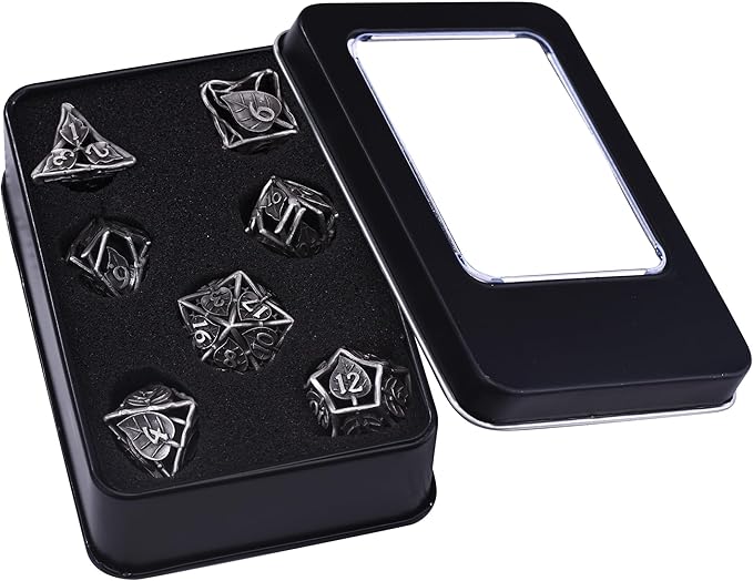 AUSTOR 7 Pieces DND Dice Set Leaf Metal DND Dice Hollow Polyhedral Dice D20 D12 D10 D% D8 D6 D4 Metal Dice with Metal Box for Dungeons & Dragons RPG Board Games(Antique Iron)