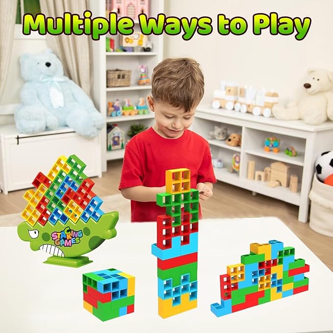 Tower Stack Board Games for Kids 8-12 Years, 48PCS Balance Building Blocks, Stack Attack Toy for 2 Players, Family, Parties, Travel, Adults