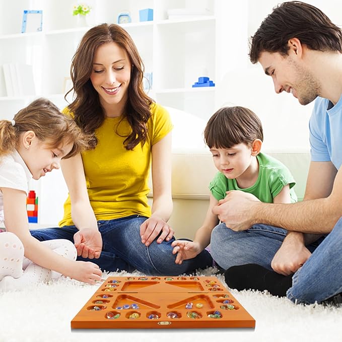 GSE Games & Sports Expert 4-Player Mancala Board Game with Multi-Color Glass Stones, Folding Wooden 4-Way Mancala Family Travel Strategy Games Set for Kids & Adults (Oak)