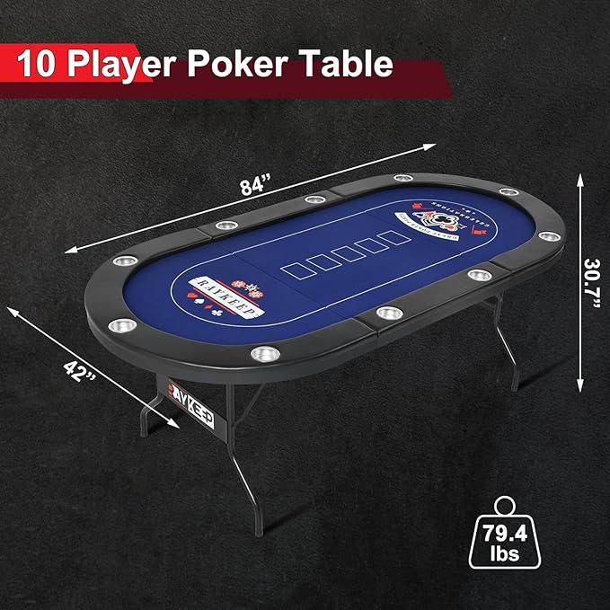 10 Player Poker Table Foldable, 84" Portable Casino Leisure Texas Holdem Table, Folding Game Table with Padded Rails and Cup Holders for Texas Card, Blackjack Board Game(Black)