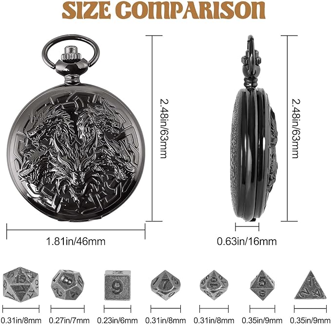 D&D Dice Set,7PCS Metal Dice for Dungeons and Dragons,Mini Dice Set with Pocket Watch Case,Role Playing Board Games Accessories (Dragon, Black)
