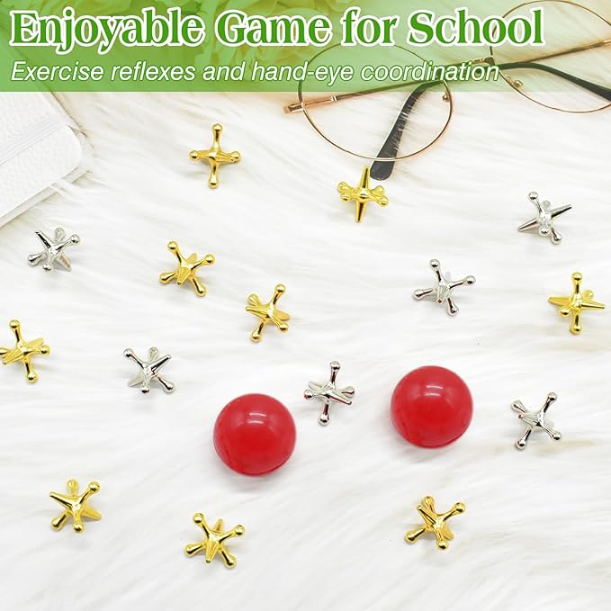 ZeeDix 60 Pcs Pick Up Sticks with 2 Sets Retro Metal Jacks Kit- Include 2 Pcs Red Rubber Balls and 20 Pcs Gold and Silver Metal Jacks, Classic Fun Game Gift of Jacks for Kids Adults Family