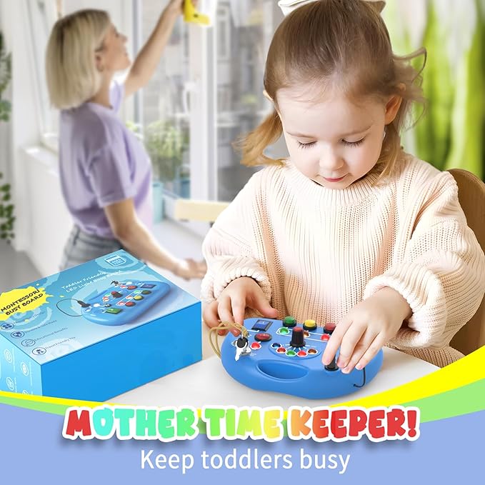 Montessori Busy Board, LED Light Switch Toy, Montessori Switch Fidget Board Travel Toys for Toddlers 1 2 3 4+ Year Old, Early Development Busy Board for Kids Boys Kindergarten Graduation Gifts (Blue)