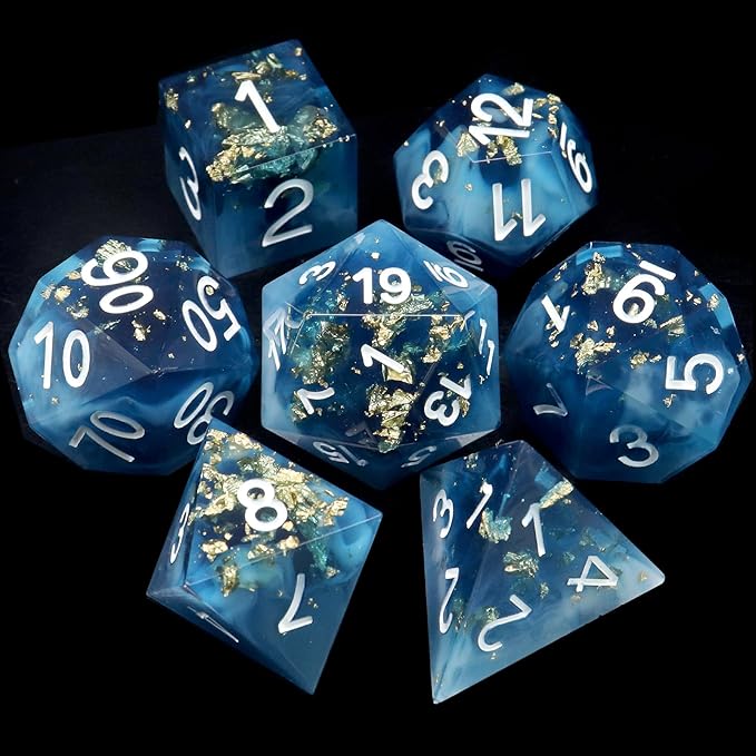 Haxtec Sharp Edge Dice Blue DND Dice Set Resin Dice with Dice Case Polyhedral D&D Dice for TTRPGs Dungeons and Dragons DND Gift-Dark Blue White Gold Foil