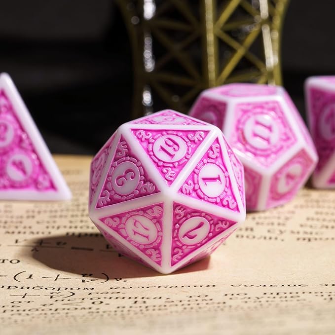 7PCs DND Dice Set, Unique Window Lattice Pattern D&D Dice Set with Leather Dice Bag, Polyhedral Dice for Dungeons and Dragons, RPG, MTG Table Games (Pink/White)