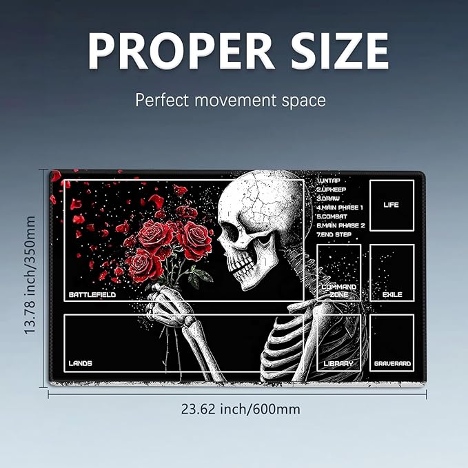 MTG Playmat Size 23.6x13.8in with Storage Bags Portable Playmat TCG and Board Game Mat for Cards Rubber Base Slip-Resistant Mousepad Desk Mat (Skeleton Rose,with Zone)