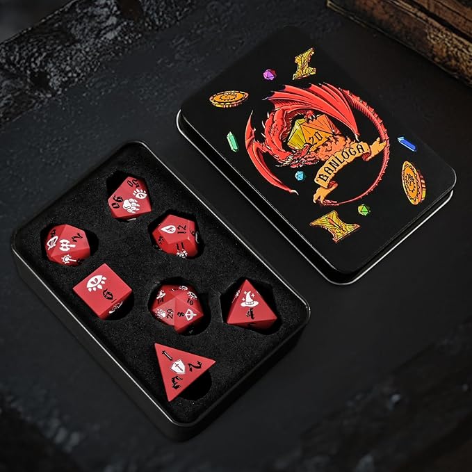 7PCS Metal Dice Set for Dungeons and Dragons,Class Icons Dice,Role Playing Board Games Accessories (Red)