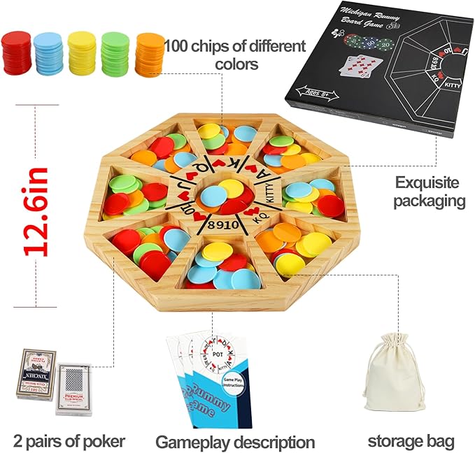 Michigan Rummy Game Luxury Set Royal Hearts Rummy Poker Wooden Tripley Board Game Bravado Game Classic Family Card Game 100 Chips 2 Playing Cards (Small Octagon, Log Color)