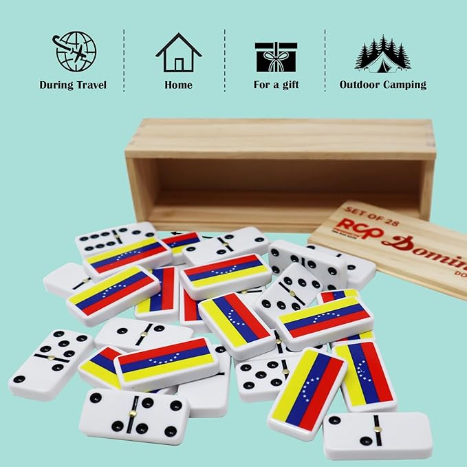 Dominos Set for Adults – Professional Double 6 Domino Cubano Set of 28 Tiles and Adults - Classic and Travel Board Game with Wood Case Juegos de Mesa Venezuela Country Flag Engraved Dominoes