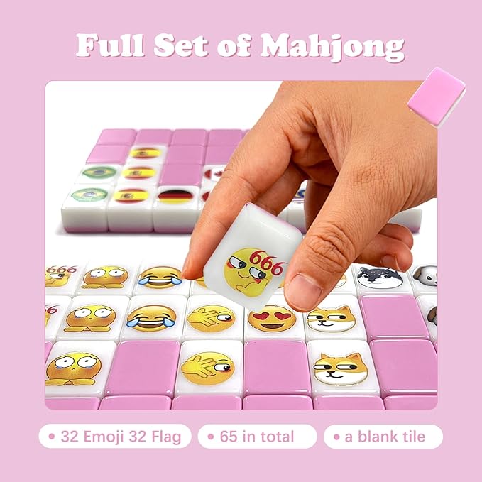 Seaside Escape Game Blocks， Mahjong Tile Game Sets with 65 Tiles 30mm Flag and Emoji Pattern with Handbag for Spring Picnic Party Gift.