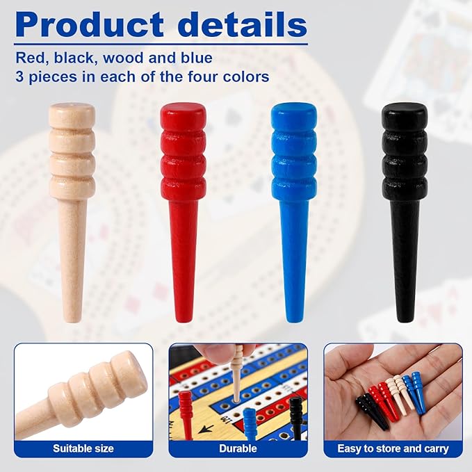 12pcs Cribbage Pegs, Wooden Cribbage Board Pegs Fit 1/8 Inch Holes Crib Pins Cribbage Accessories for Traditional Cribbage Board Game (Red, Black, Wood, Blue)