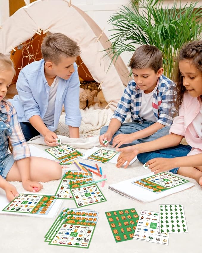 Camping Bingo Game Outdoor Indoor Activities Hike Field Trip Supplies Party Favors Card Games for Adults 24 Players Family Fun